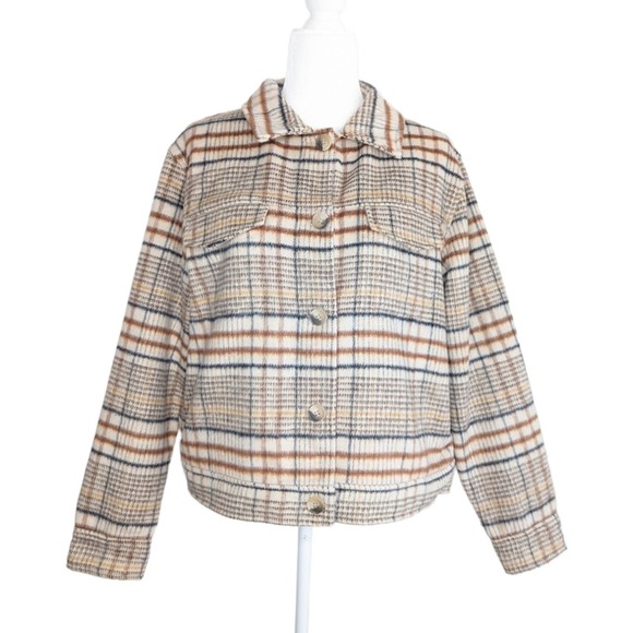 Joie Plaid Flannel Fleece Tan Brown Black Collared Button Up Shirt Jacket Large - Picture 1 of 9